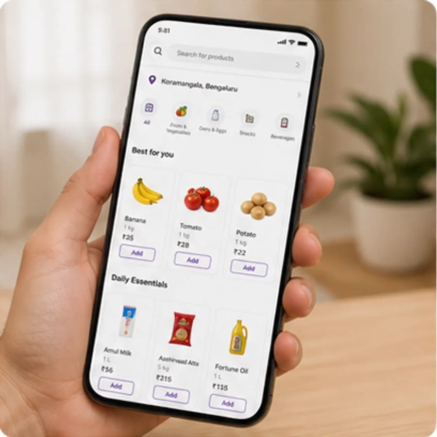 Hand holding a smartphone with a simple grocery ordering app