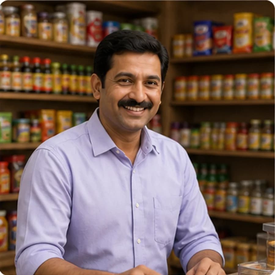 Friendly local grocery shop owner inside a kirana store