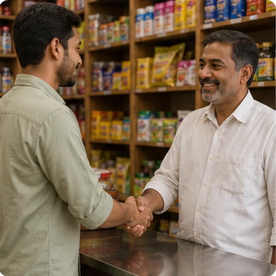 Local shop owner handing a packed order to a delivery rider