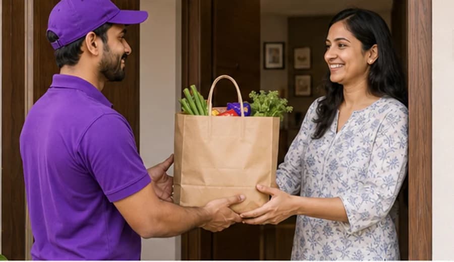Local delivery partner handing a grocery bag to a customer