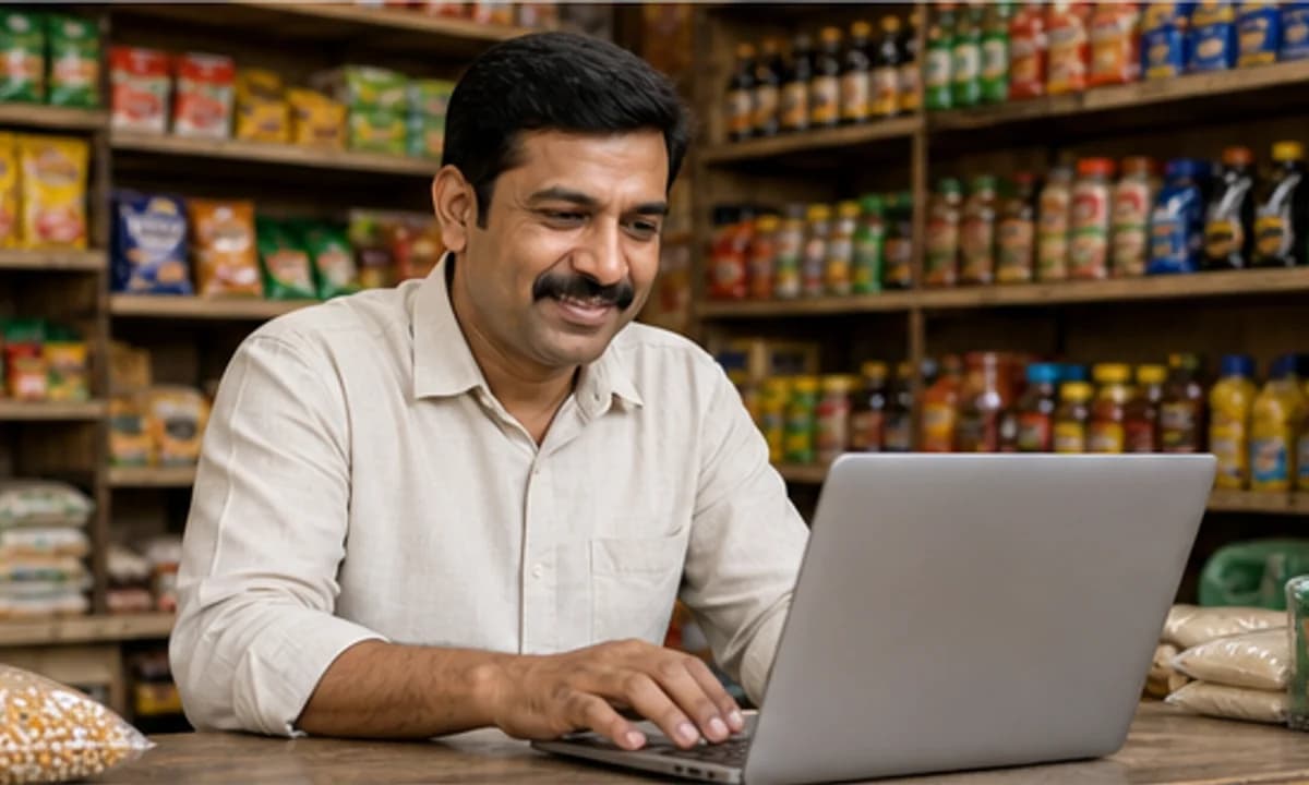 Indian kirana-store owner using a laptop inside a grocery shop