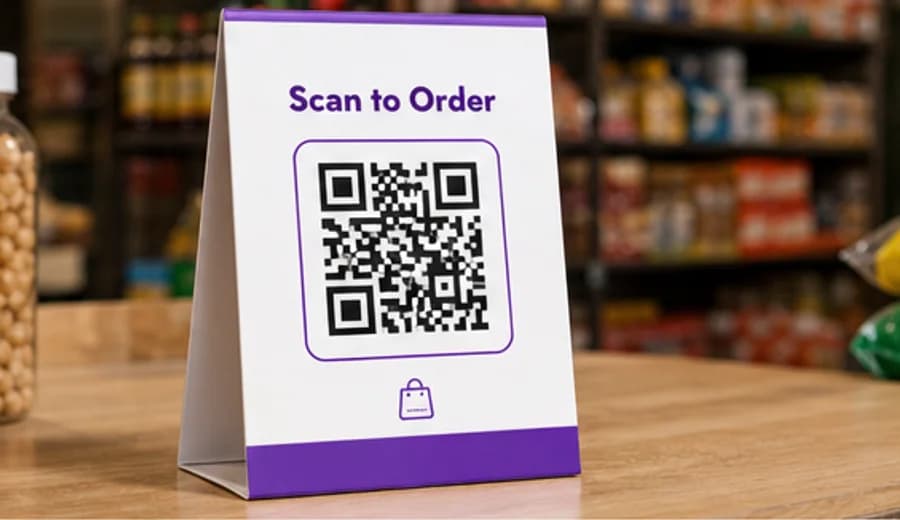 QR ordering stand on a local grocery store counter