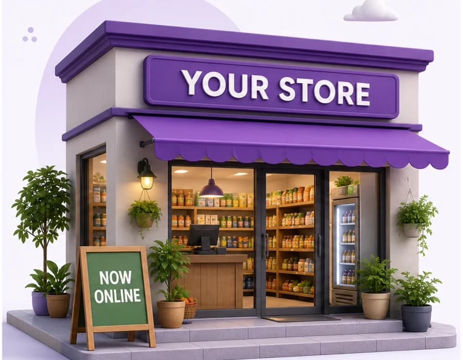 3D local shop storefront with purple awning and now online board